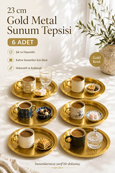 Anadolu Saray 6 Adet 23cm Gold Metal Sunum Tepsisi Dekoratif Şık Servis Tepsi...