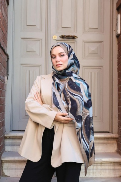 ENRİCO FERRİ Petra Modern Brush Pattern Shawl - Mink Navy Blue