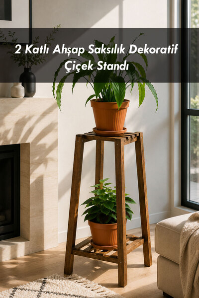 Moola Çiçeklik 2 Katlı Ahşap Saksılık Dekoratif Çiçek Standı Bitki Rafı Balko...
