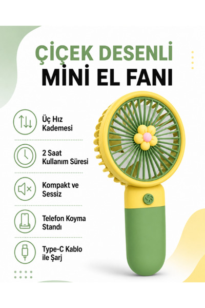 Golden Tech Çiçek Desenli Şarjlı Mini El Ve Masa Fanı Mini El Pervanesi
