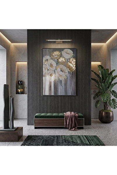 KOLAJTASARIM Tablou abstract cu flori în tonuri auriu-bej, cu ramă metalică n...