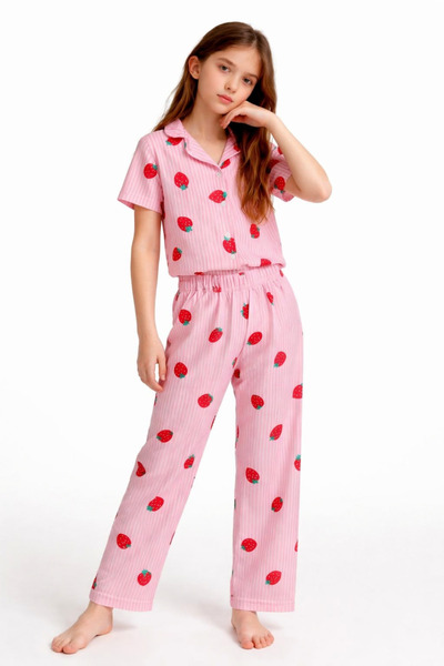 pistyle Girls Strawberry Patterned Pink Pajama Set - Short Sleeve Buttoned Pa...