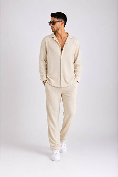 khufu Trendy Men's Lycra Wrinkled Shirt Baggy Bottom Top Set