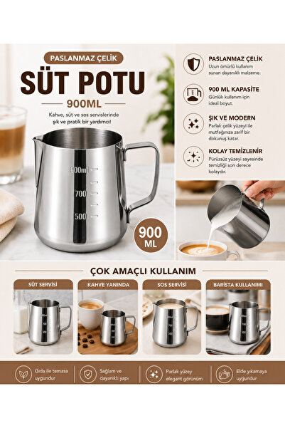Tasarım Evi 304 Çelik 900 ml Kahve Süt Köpürtme Potu Sütlük Pitcher