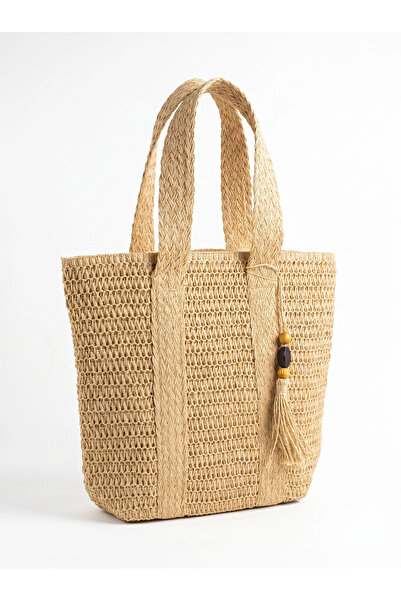 Gullfoss Cream Women's Straw Shoulder Bag - Tassel Detailed Beach and Daily H...