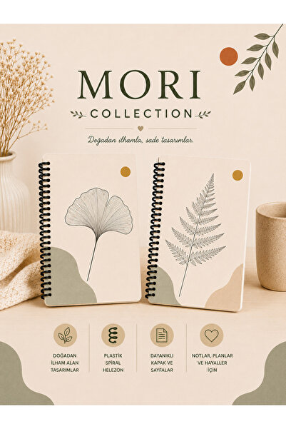 zumio Mori Collection | A5 2'li Minimal Botanik Defter Serisi – Ginkgo & Eğrelti | 50 Yaprak |