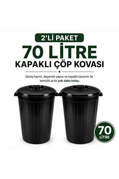 LİDERAMBALAJ07 2'li 70 Litre Kapaklı Çöp Kovası Seti Plastik Çöp Kovası Büyük...