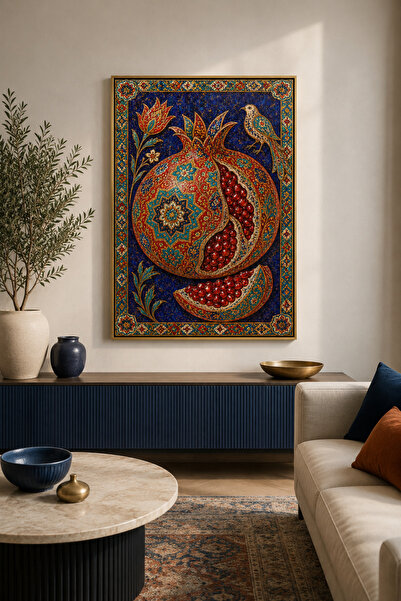 sayetablo Mosaic Pomegranate - Gerçek Cama Baskı Gold Alüminyum Metal Çerçeve...