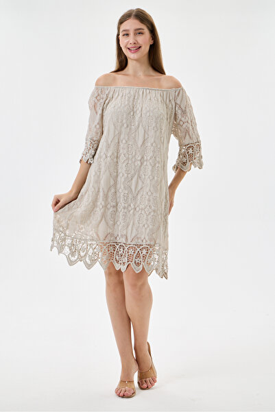della moor Beige Italian Elastic Madonna Collar Lace Laced Lined Short Dress ...