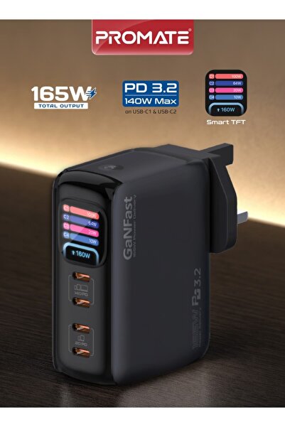 Promate Prime-165 GaNFast Charger 165W with Quad USB-C Ports, UK 3-Pin | PD 3...