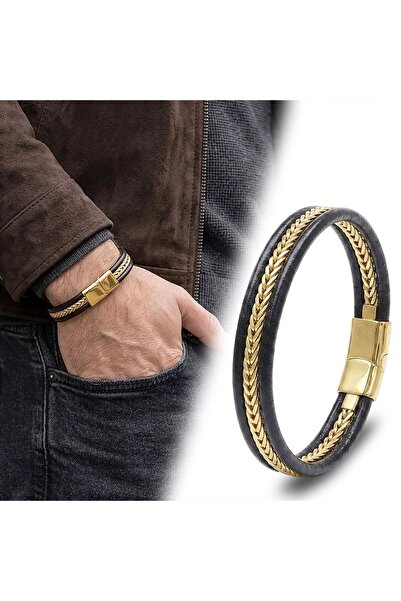 OGHAMAY Gold Color Herringbone Steel Chain Original Leather Men's Bracelet 18...