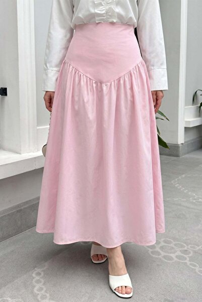 Salih Çelebi Fusta din poplin cu corset în talie 26061 - ROZ DESCHIS