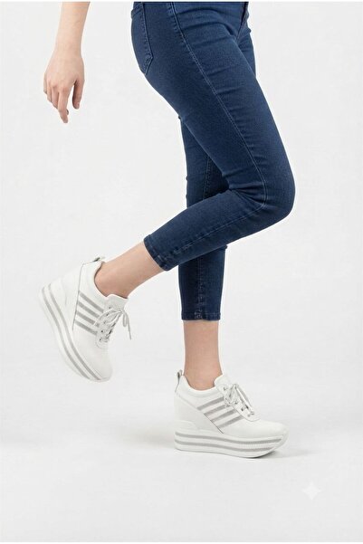 Leyna Women's White Stone Lace-Up Wedge Sneakers [10] cm