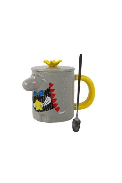 LeanToys Cana 3D cu dinozaur, Leantoys, gri, 400ml, include lingurita si capac