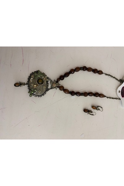 ELUNE İSTANBUL Milano Vintage Çiçek Desenli Boncuklu Kadın Kolye Küpe Seti