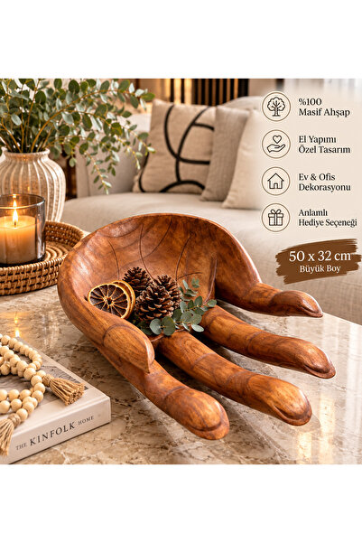 SultanofAura 50x32 cm El Yapımı Masif Ahşap El Şeklinde Dekoratif Sunum Kases...