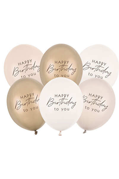 Partydeco Baloane din latex (6 buc) „Happy Birthday”, mix bej elegant, 30 cm