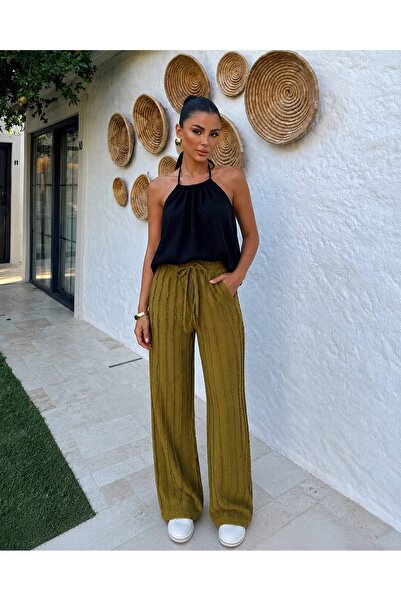 Markazzi Striped Ruffled Elastic Waist Pants