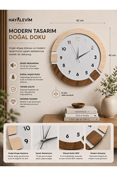 Nixar Desing Sessiz Mekanizmalı Modern Geometrik MDF Duvar Saati Krem Keçe Gö...