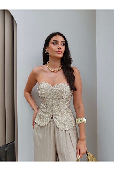 ESRAHELVACI Sequined Heart Neckline Strapless Blouse