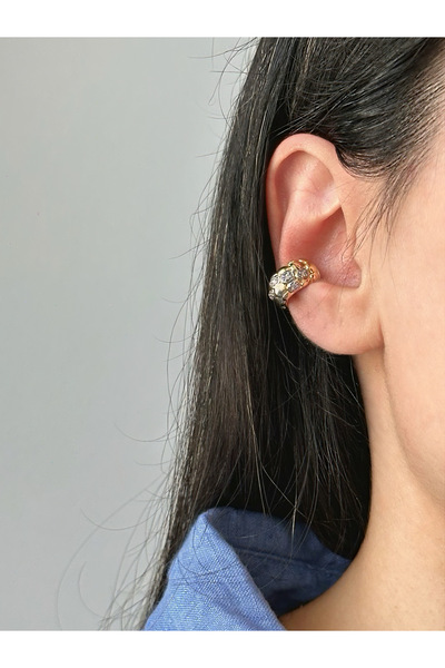 ringbox Çift Renkli Dokulu Taşlı Kıkırdak Küpe Earcuff