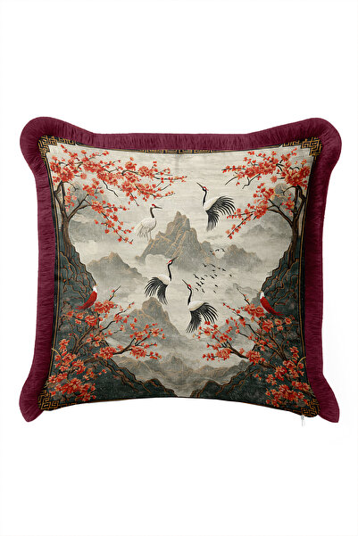 Evimde Bambaşka Japanese Scenic Crane Pattern Fringed Pillowcase- Far East Bo...