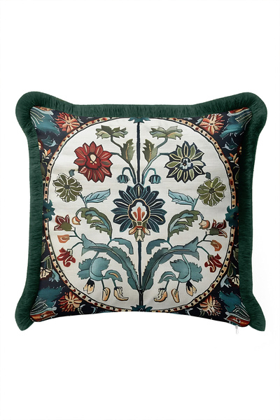 Evimde Bambaşka Floral Botanical Ethnic Fringed Pillowcase - Ottoman Garden G...