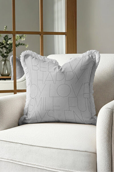 Evimde Bambaşka Fringed Pillowcase with Typography Letter Design - Nordic Cre...
