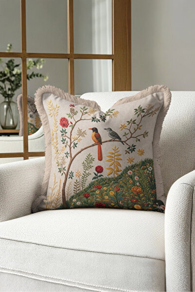 Evimde Bambaşka Botanical Spring Garden with Birds Look Fringed Pillowcase-Na...