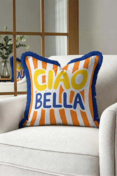 Evimde Bambaşka Pop Art Striped Ciao Bella Fringed Pillowcase - Vibrant Beach...