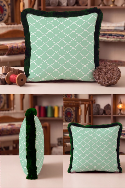 Evimde Bambaşka Mint Geometric Art Deco Pattern Fringed Pillowcase-Seashell G...