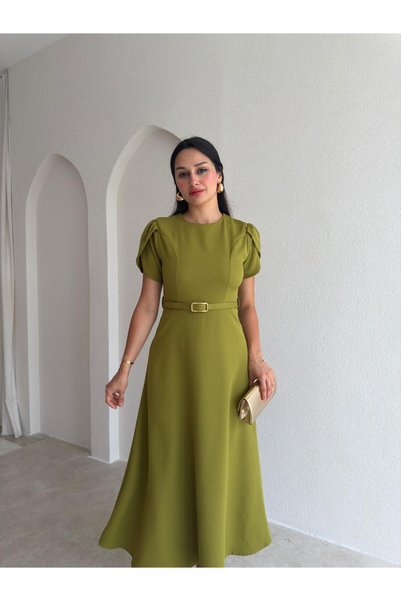 Mooi Butik Rochie midi cu curea ALORAH 3679 - Verde ulei