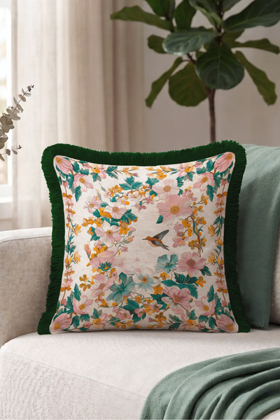 Evimde Bambaşka Spring Botanical Fringe Pillowcase with Floral Birds - Romant...