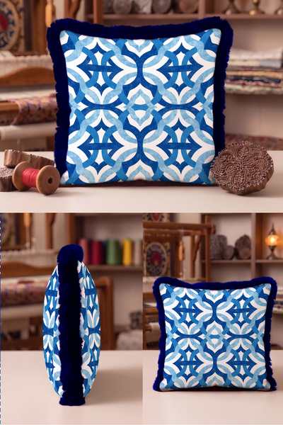 Evimde Bambaşka Blue Geometric Tile Pattern Stylish Fringed Pillowcase - Moro...