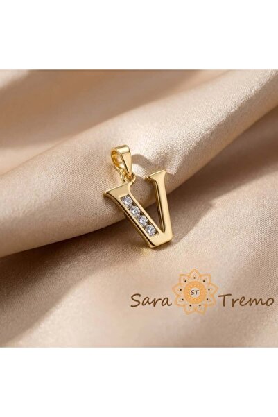 SaraTremo Pandantiv litera V cu zirconiu, placat în trei straturi cu aur de 14K