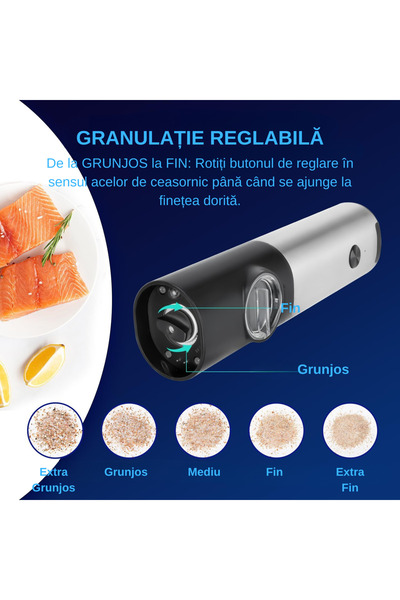 Simply Joy Set de 2 râșnițe electrice de sare și piper, Simply Joy, Reîncărcabile, Cablu USB, Lumină LED, Perie de curățare, Suport de încărcare, Gri/Negru