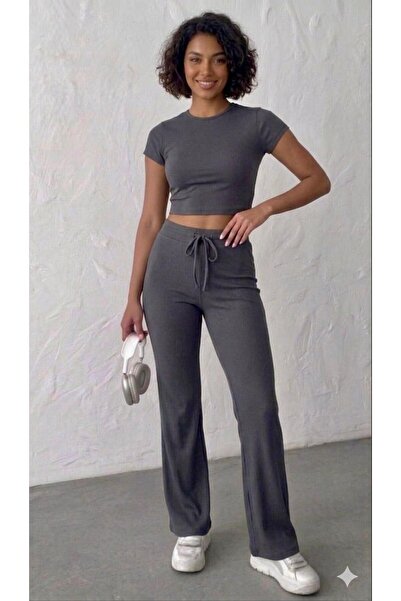 meymers Women's Maya Ribbed Fabric Crop T-Shirt High Waist Wide Leg Two-Piece...