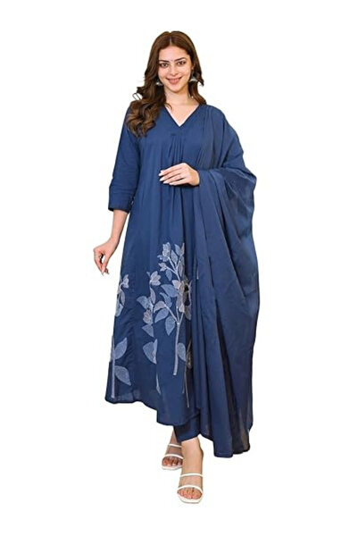 MYSMAR Blue Viscose Embroidered Kurti Set - ALV2209 | Blue-Size-2XL-44-Inches