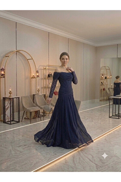 Ayaen Navy Blue Long Evening Gown, with Off-The-Shoulder Design and Elegant F...