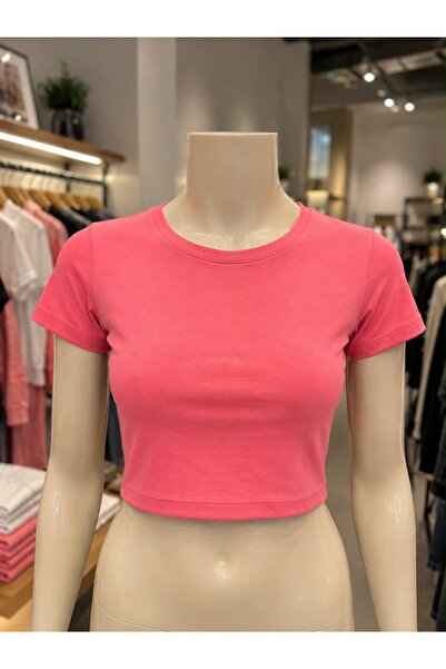 Dilvin 31655 Sugar Pink Crew Neck Crop Top
