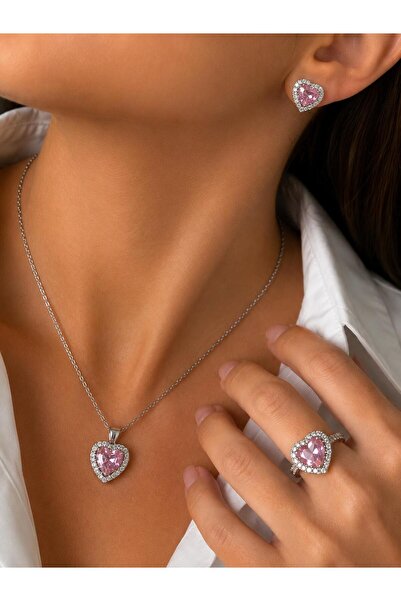 Miore takı Miore Pink Heart Stone Necklace Earrings Adjustable Ring Set Zirco...