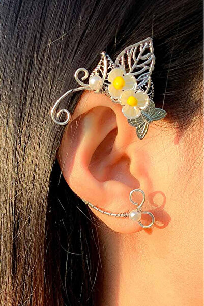 VeeShop Cercel ear cuff wrap, hand made, ureche de elf din fir metalic, cu fl...