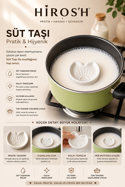 HİROS'H Milk-Proof Milk Saver Natural Ceramic Porcelain Milk Overflow Protect...
