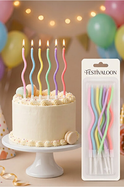 FESTİVALOON 6’lı Makaron Dalgalı Doğum Günü Mumu Pasta Mumu Pastel Karışık Re...