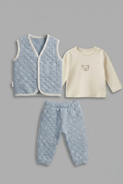 LOGO AKSESUAR Baby Quilted Vest 3-Piece Set 100% Cotton Sweatshirt Top and Bo...
