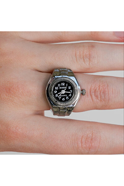 Bozhi Mini Finger Ring Watch – Quartz Analog Metal Band Unisex (Black & White...