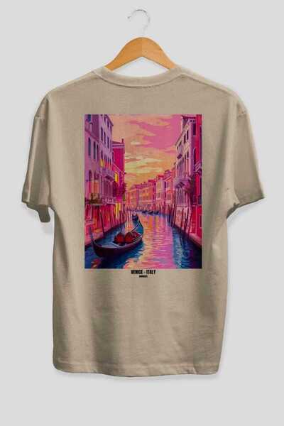 Ankhises Venecija Italija Bež Oversize Zemlja Grad Leđa Tiskana Unisex Majica...