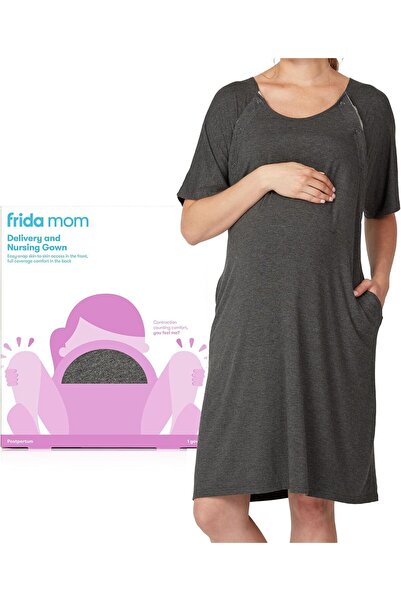 FridaBaby Frida Mom Delivery & Nursing Gown, Charcoal, 1 Count (Pack of 1), O...