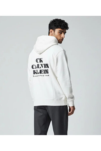Calvin Klein Erkek Normal Kalıp Önü ve Arkası Logo Baskılı Kapüşonlu Ekru Swe...