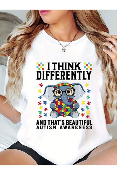 NOURAM Women's Awareness Graphic T-Shirt - "I THINK Differently" Elephant Puz...